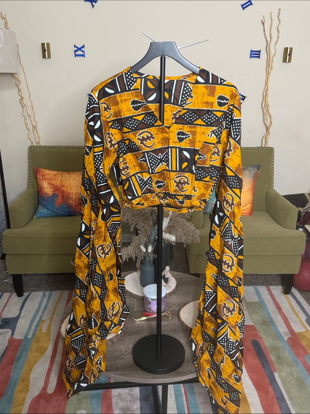 African Print Cropped Top with Dramatic Sleeves
